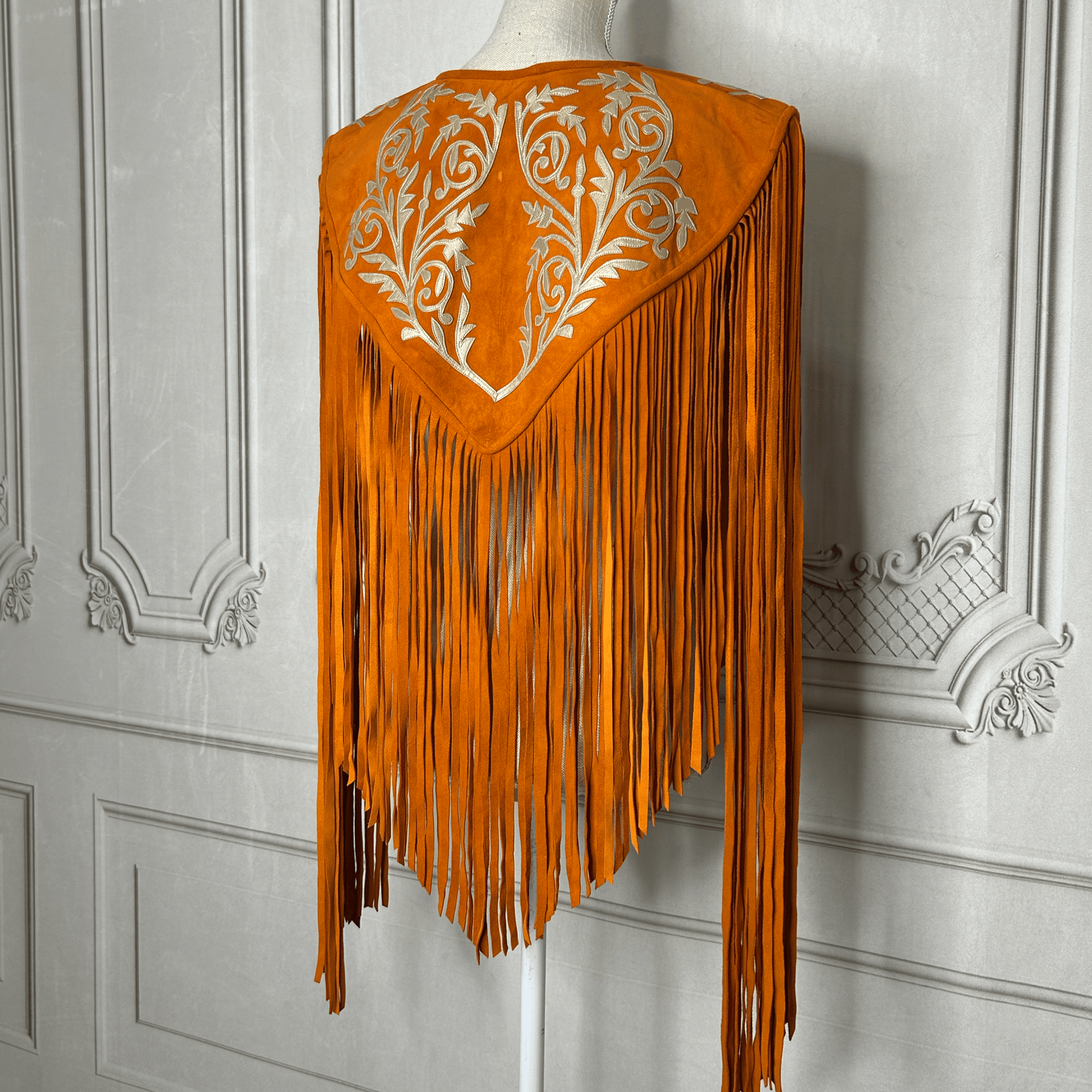 Chalina Tamaulipeca Leather Fringed Cape - Orange w/ Gold Chalina Tamaulipeca Leather Fringed Cape - Orange w/ Gold