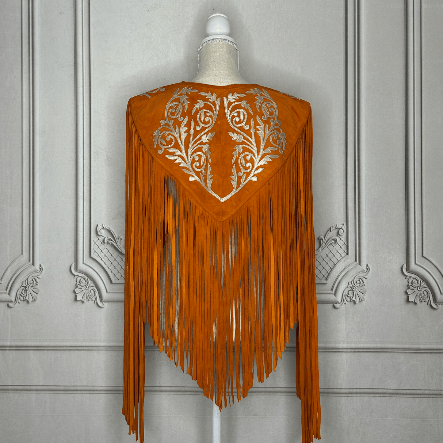 Chalina Tamaulipeca Leather Fringed Cape - Orange w/ Gold Chalina Tamaulipeca Leather Fringed Cape - Orange w/ Gold