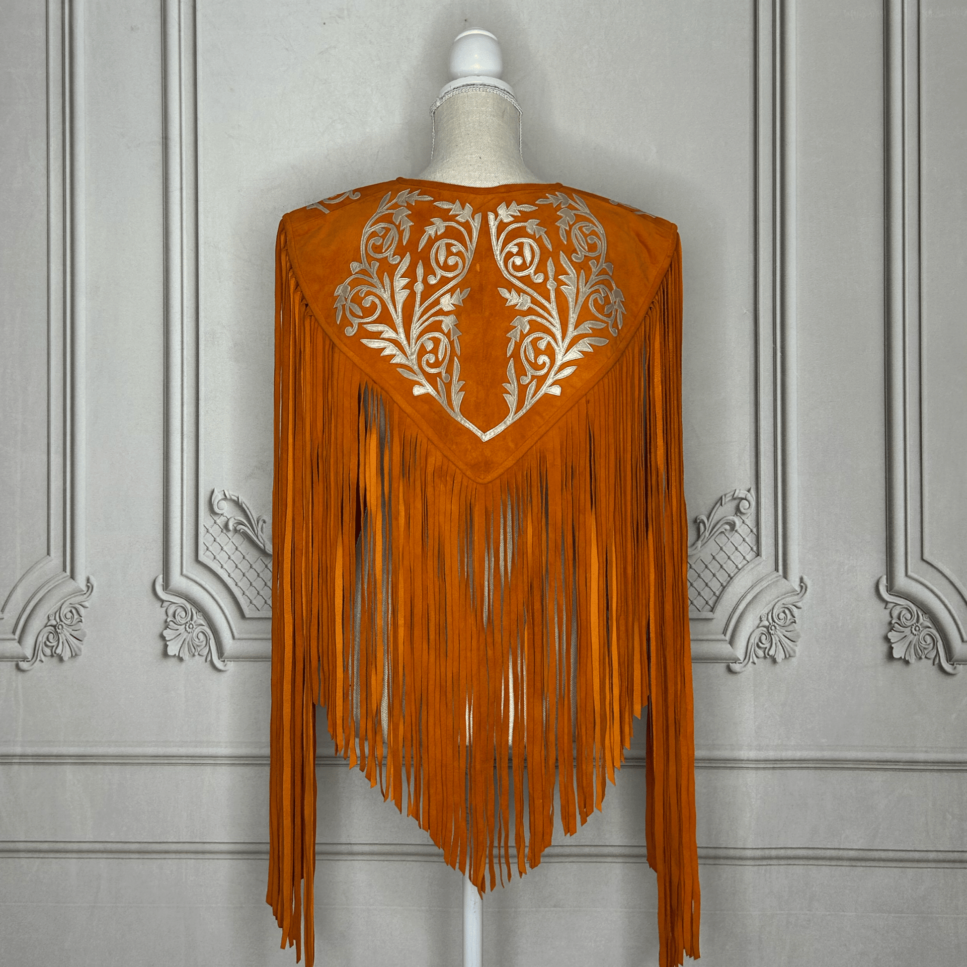 Chalina Tamaulipeca Leather Fringed Cape - Orange w/ Gold Chalina Tamaulipeca Leather Fringed Cape - Orange w/ Gold