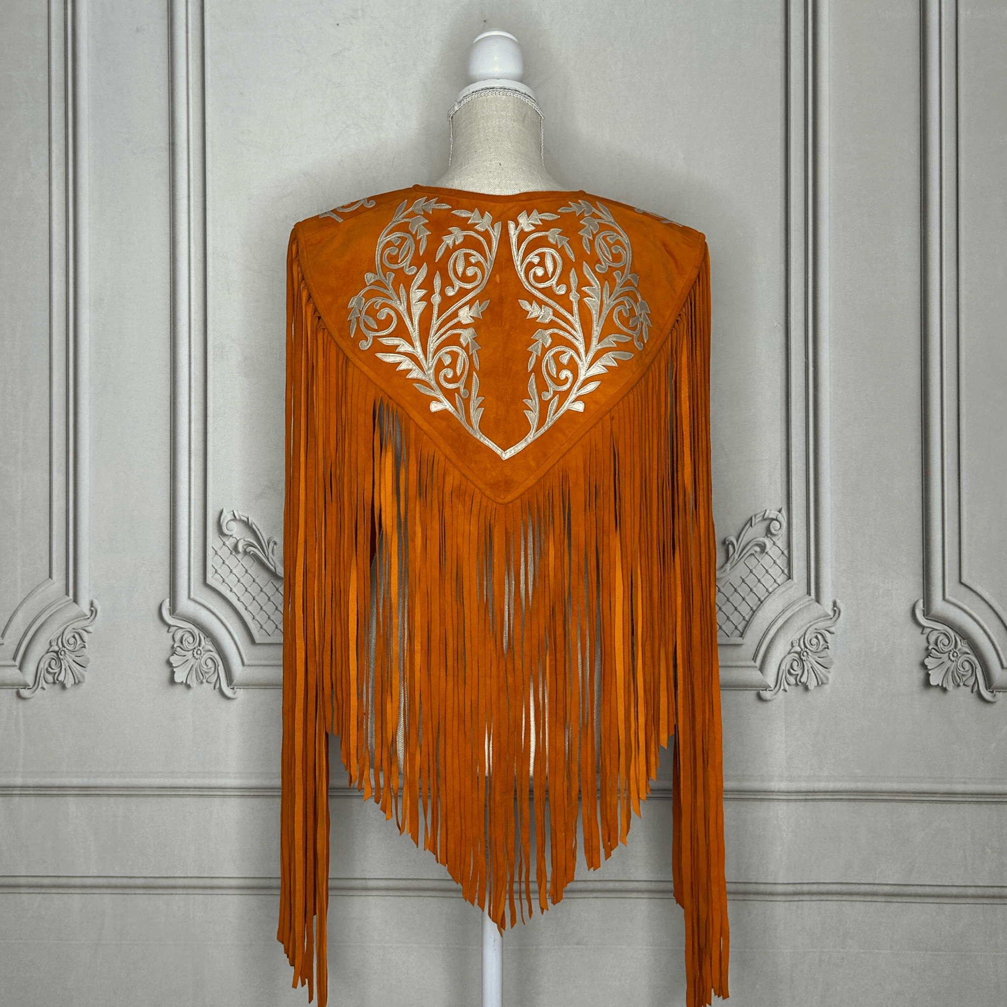 Chalina Tamaulipeca Leather Fringed Cape - Orange w/ Gold Chalina Tamaulipeca Leather Fringed Cape - Orange w/ Gold