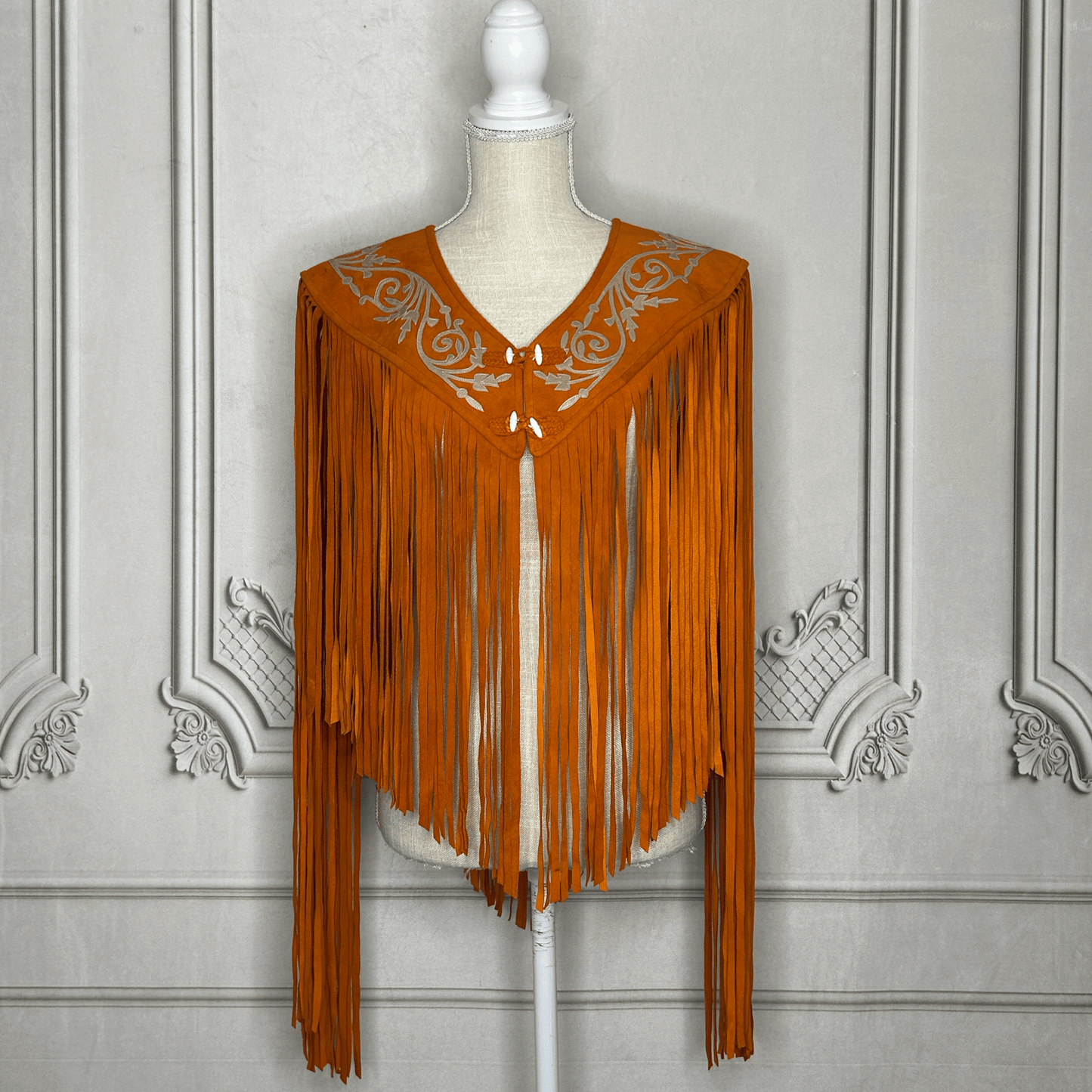 Chalina Tamaulipeca Leather Fringed Cape - Orange w/ Gold Chalina Tamaulipeca Leather Fringed Cape - Orange w/ Gold