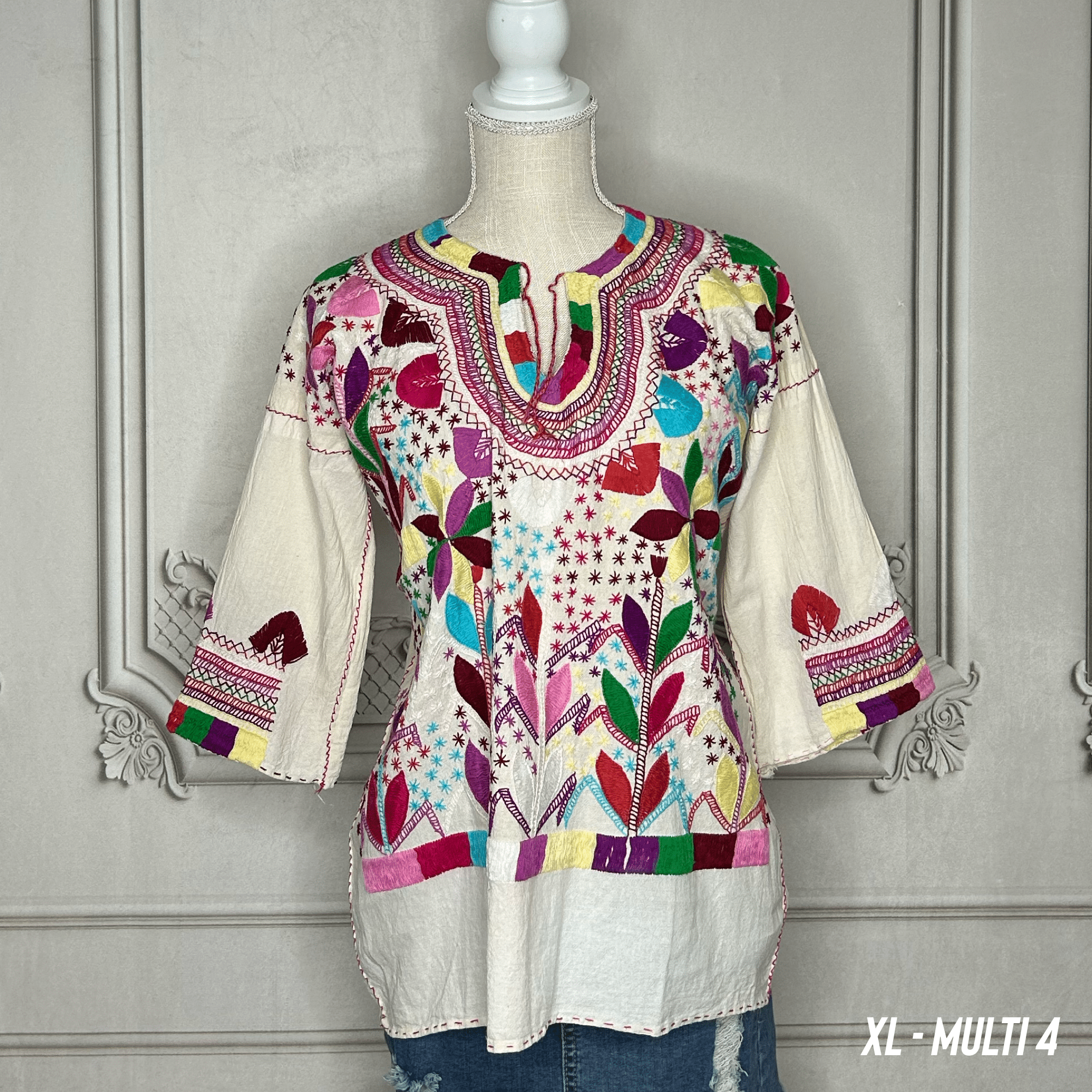 Corn Motif Mexican Blouse 3/4 Sleeve - Multi Corn Motif Mexican Blouse 3/4 Sleeve - Multi