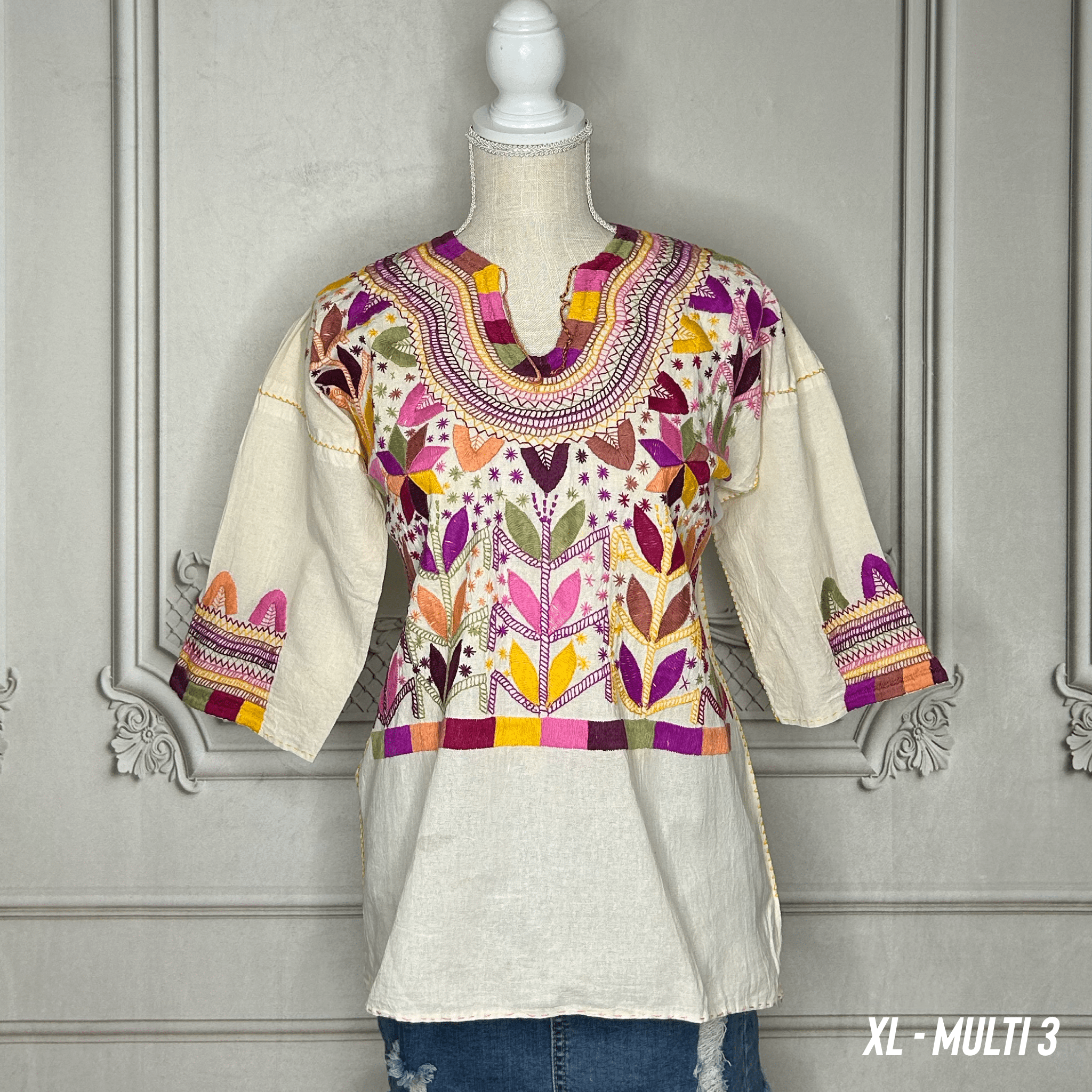 Corn Motif Mexican Blouse 3/4 Sleeve - Multi Corn Motif Mexican Blouse 3/4 Sleeve - Multi