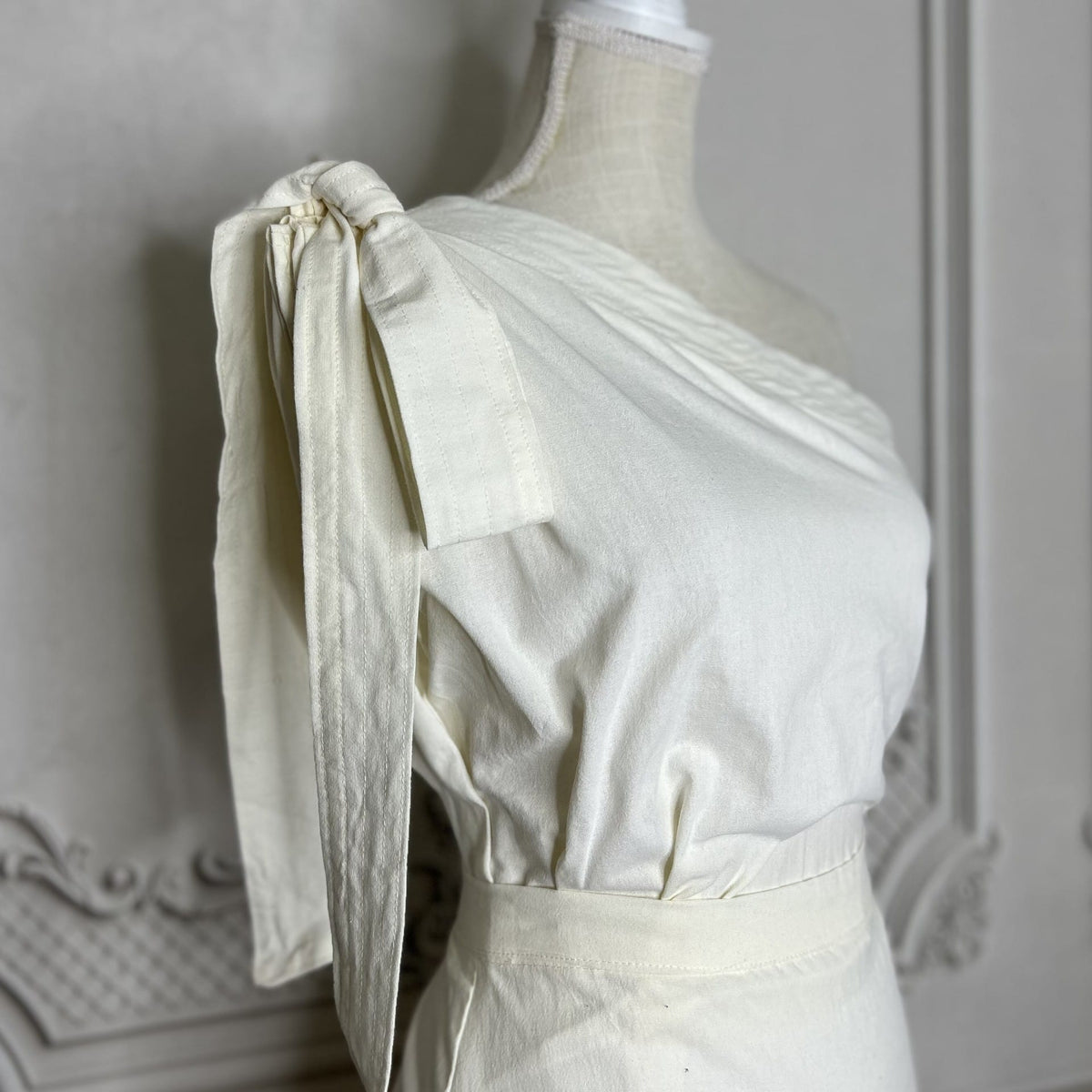 Cotton One Shoulder Blouse and Skirt Set - Bow Detail Cotton One Shoulder Blouse and Skirt Set - Bow Detail