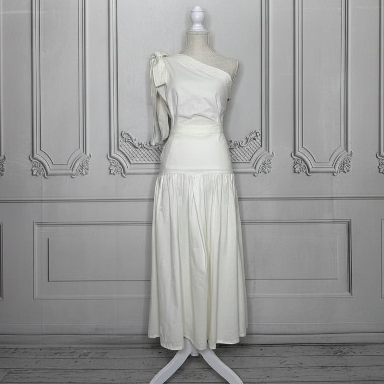 Cotton One Shoulder Blouse and Skirt Set - Bow Detail Cotton One Shoulder Blouse and Skirt Set - Bow Detail