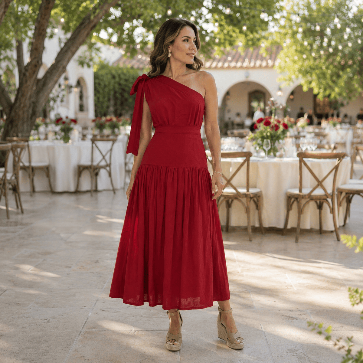 Cotton One Shoulder Blouse and Skirt Set - Bow Detail Cotton One Shoulder Blouse and Skirt Set - Bow Detail