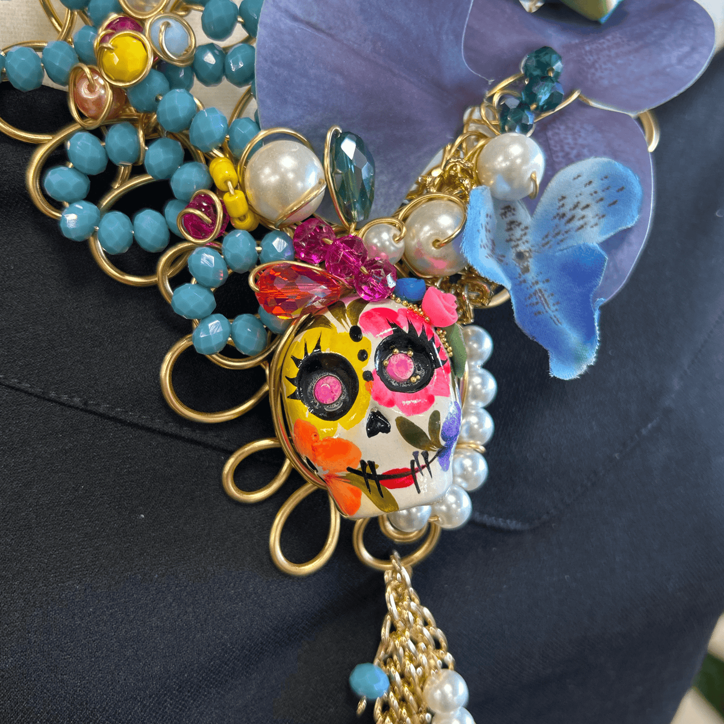 Day of the Dead Necklace Set - Ceramic Catrina  - Blue Day of the Dead Necklace Set - Ceramic Catrina  - Blue