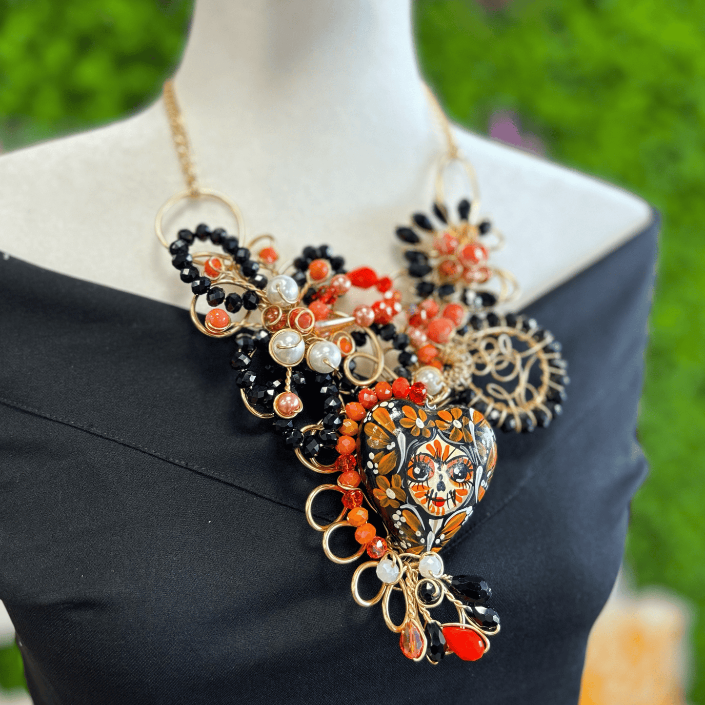 Day of the Dead Necklace Set - Ceramic Heart - Black Day of the Dead Necklace Set - Ceramic Heart - Black