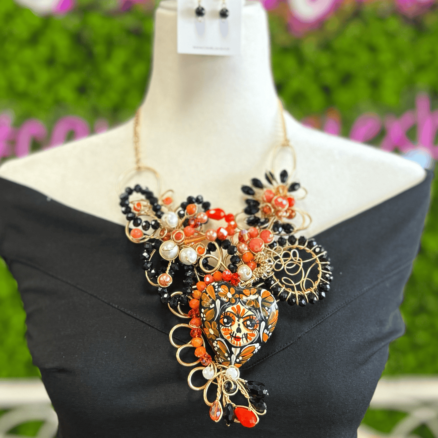 Day of the Dead Necklace Set - Ceramic Heart - Black Day of the Dead Necklace Set - Ceramic Heart - Black