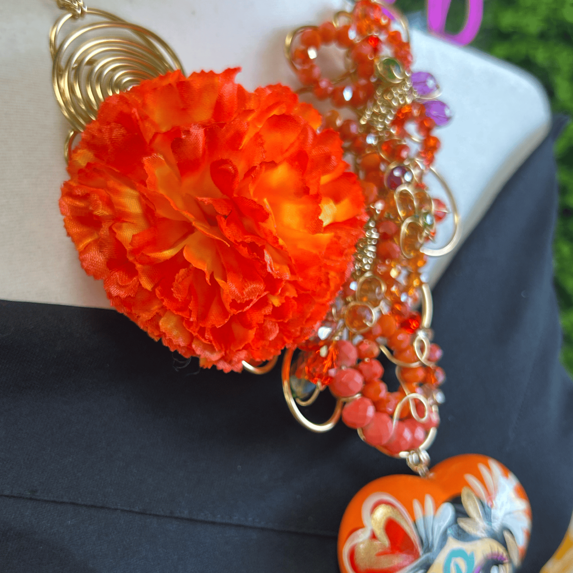 Day of the Dead Necklace Set - Ceramic Heart - Orange Day of the Dead Necklace Set - Ceramic Heart - Orange