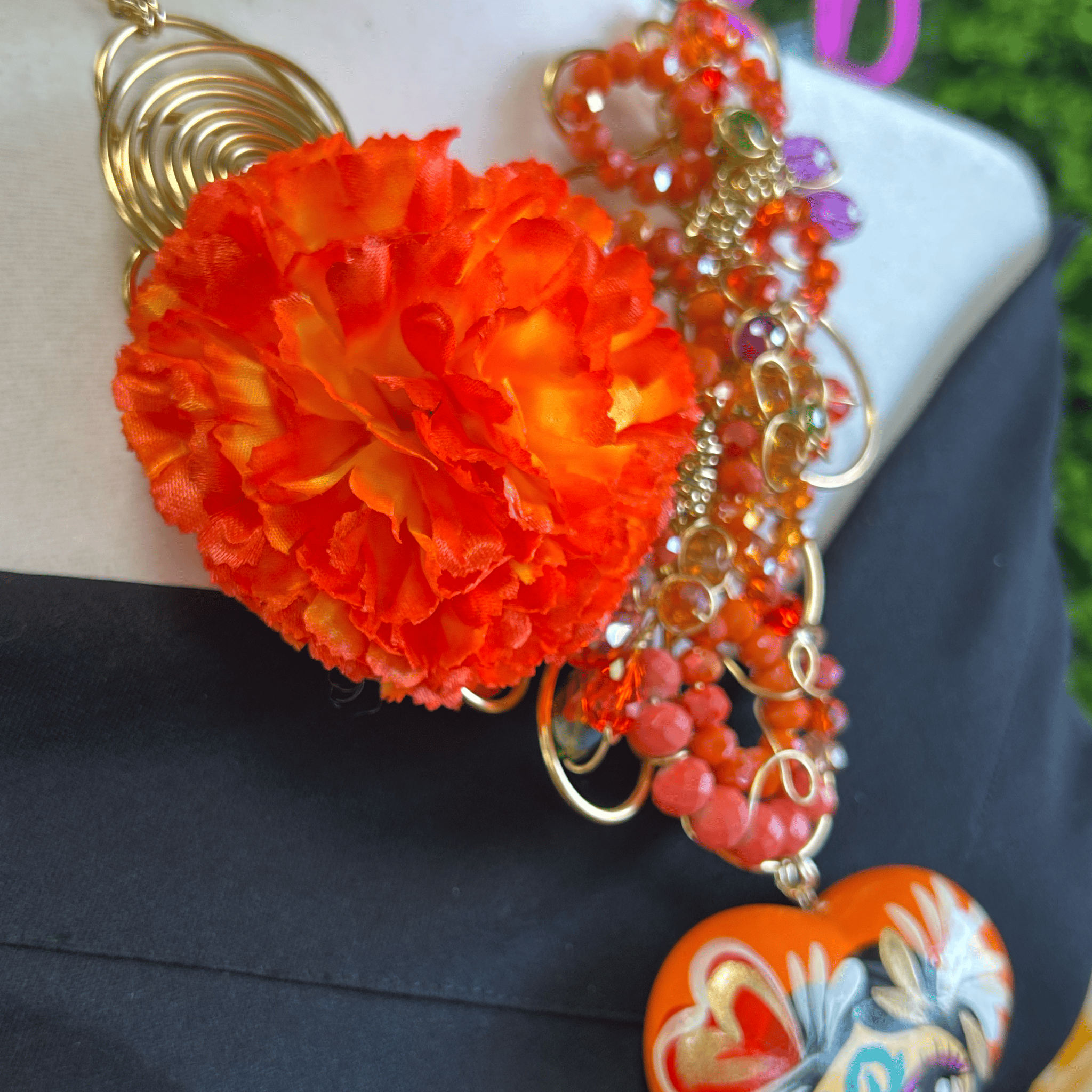 Day of the Dead Necklace Set - Ceramic Heart - Orange Day of the Dead Necklace Set - Ceramic Heart - Orange