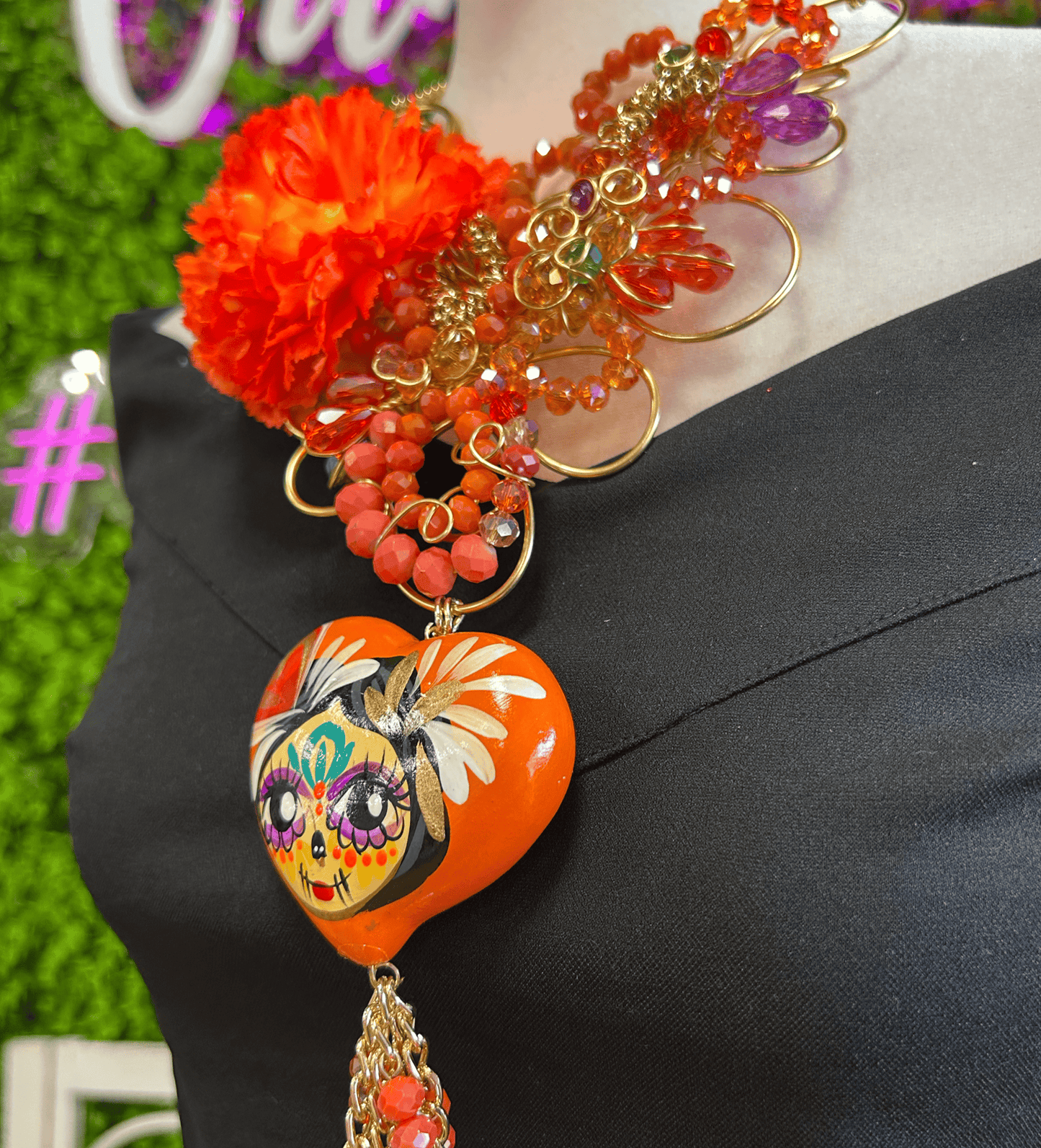 Day of the Dead Necklace Set - Ceramic Heart - Orange Day of the Dead Necklace Set - Ceramic Heart - Orange