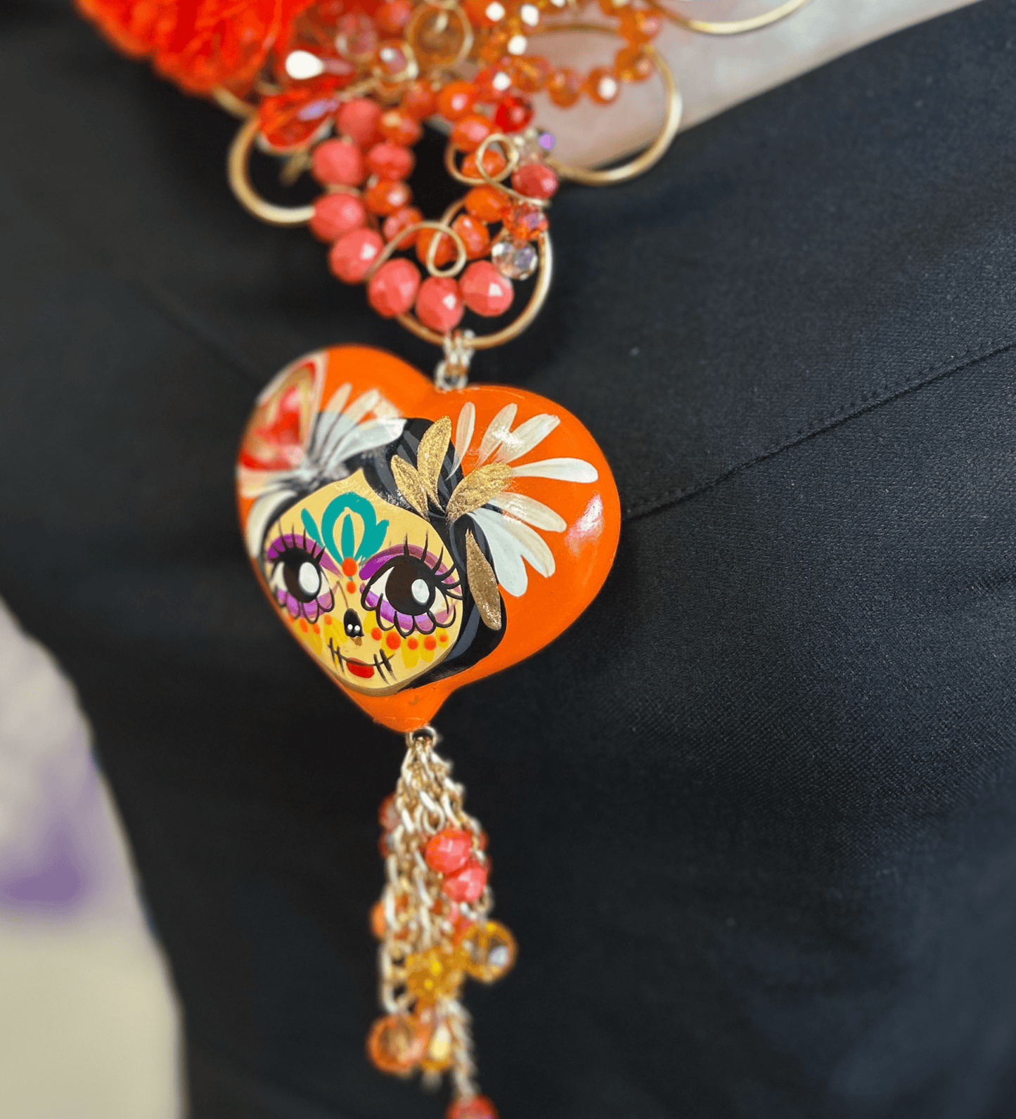 Day of the Dead Necklace Set - Ceramic Heart - Orange Day of the Dead Necklace Set - Ceramic Heart - Orange