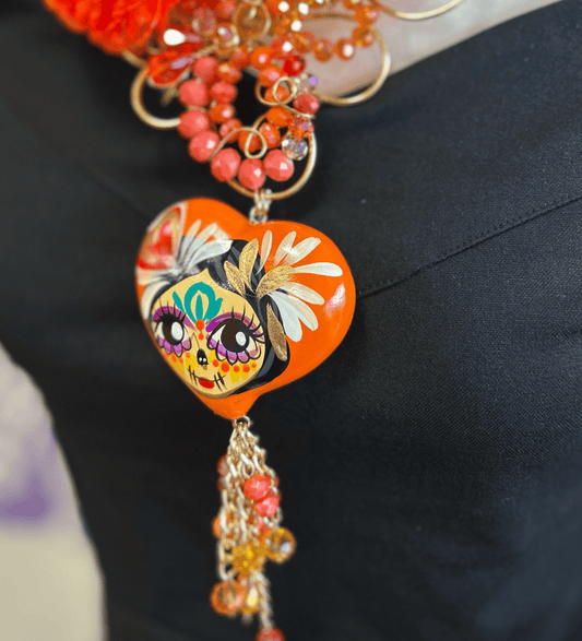 Day of the Dead Necklace Set - Ceramic Heart - Orange Day of the Dead Necklace Set - Ceramic Heart - Orange