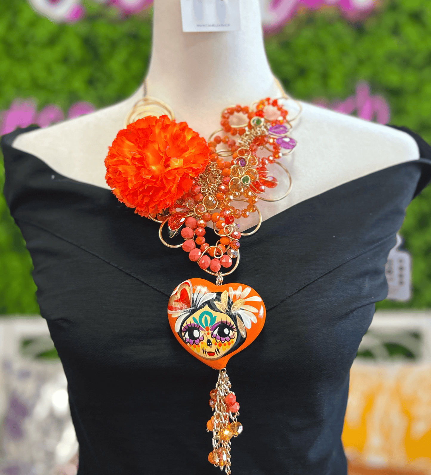 Day of the Dead Necklace Set - Ceramic Heart - Orange Day of the Dead Necklace Set - Ceramic Heart - Orange