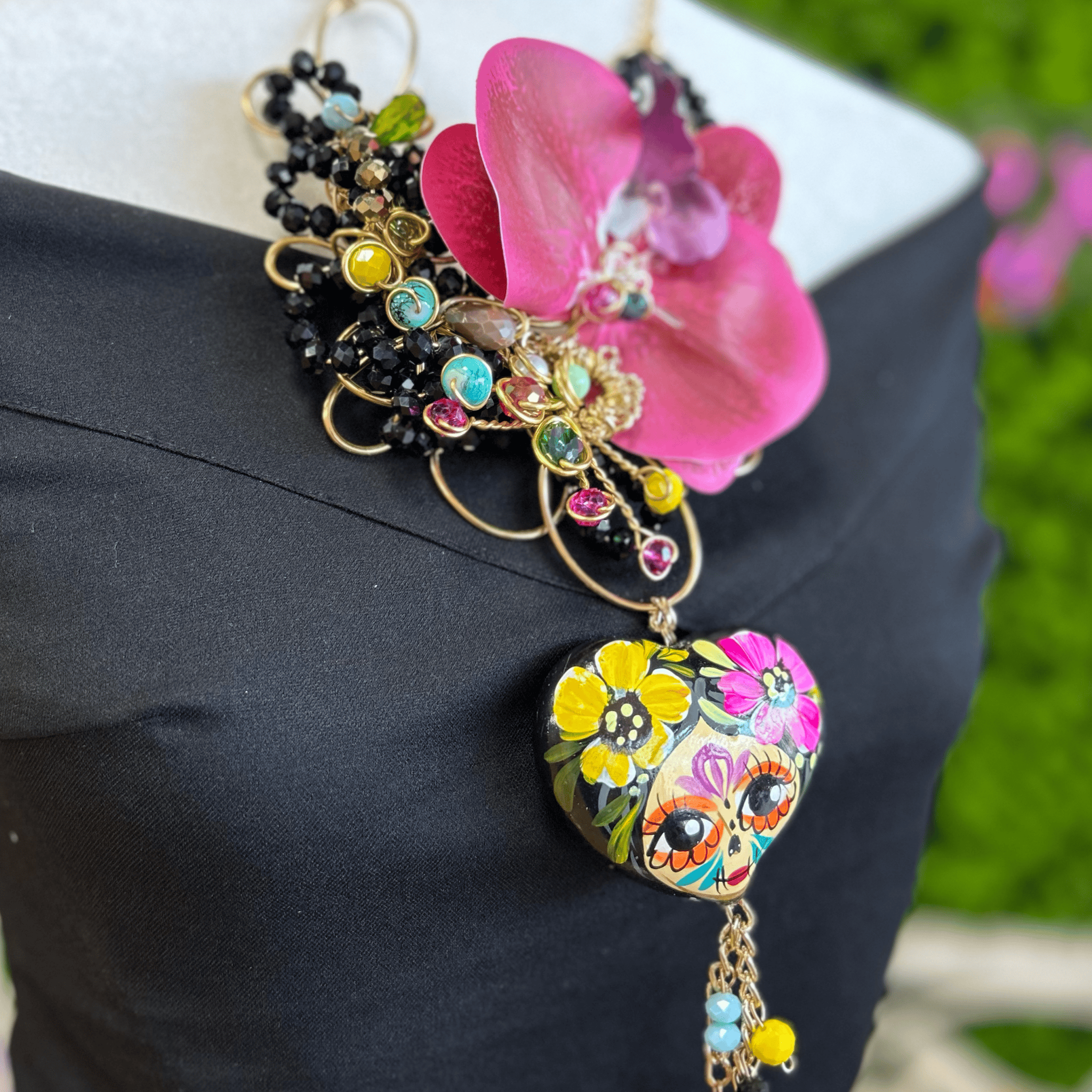 Day of the Dead Necklace Set - Ceramic Heart - Pink Day of the Dead Necklace Set - Ceramic Heart - Pink