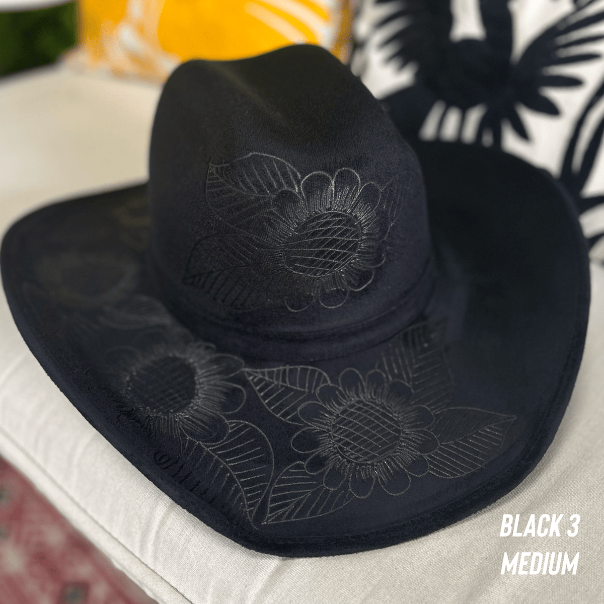 Par-Vel Hats Black Felt Western Hat with Decorative Band and Flower in Back Black Straw Cowboy Hat With Embrodiered Red Rose Aplique on  main image 3