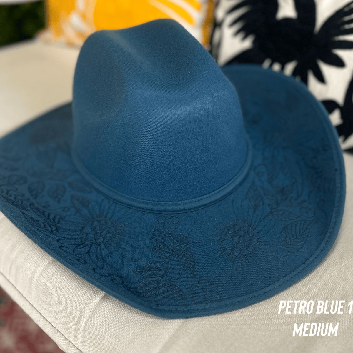 Elegant Blue cowboy Hat with Floral Accent Navy blue suede flat brim western cowboy hat – Cali Ranch Hats main image 4