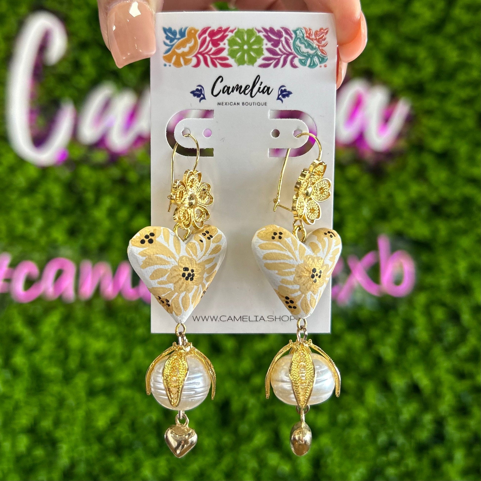 Filigree Flower Hand Painted Heart Pearl Drop Earrings Filigree Flower Hand Painted Heart Pearl Drop Earrings