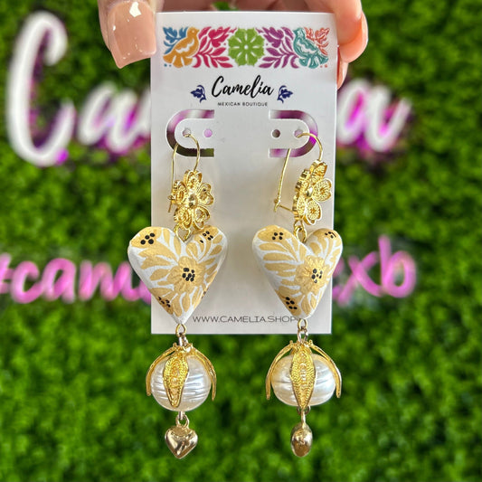 Filigree Flower Hand Painted Heart Pearl Drop Earrings Filigree Flower Hand Painted Heart Pearl Drop Earrings