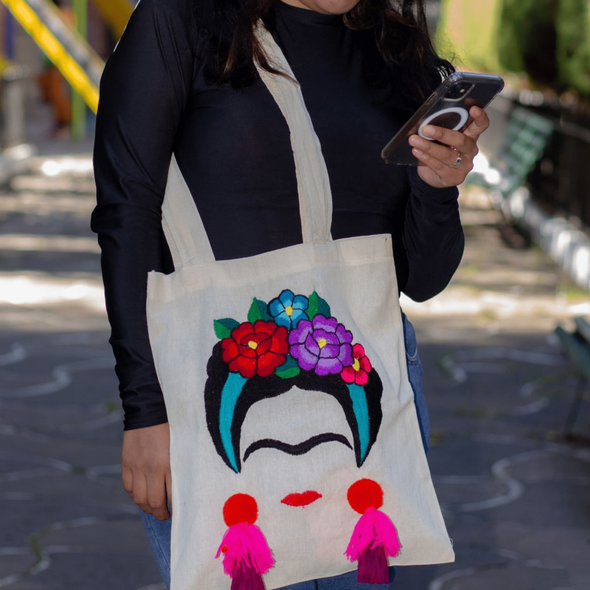 Frida Canvas Tote w/ PomPoms Frida Canvas Tote w/ PomPoms