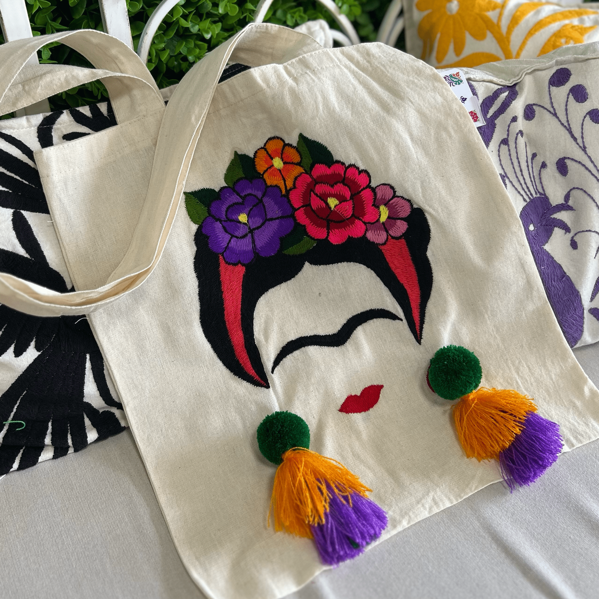 Frida Canvas Tote w/ PomPoms Frida Canvas Tote w/ PomPoms
