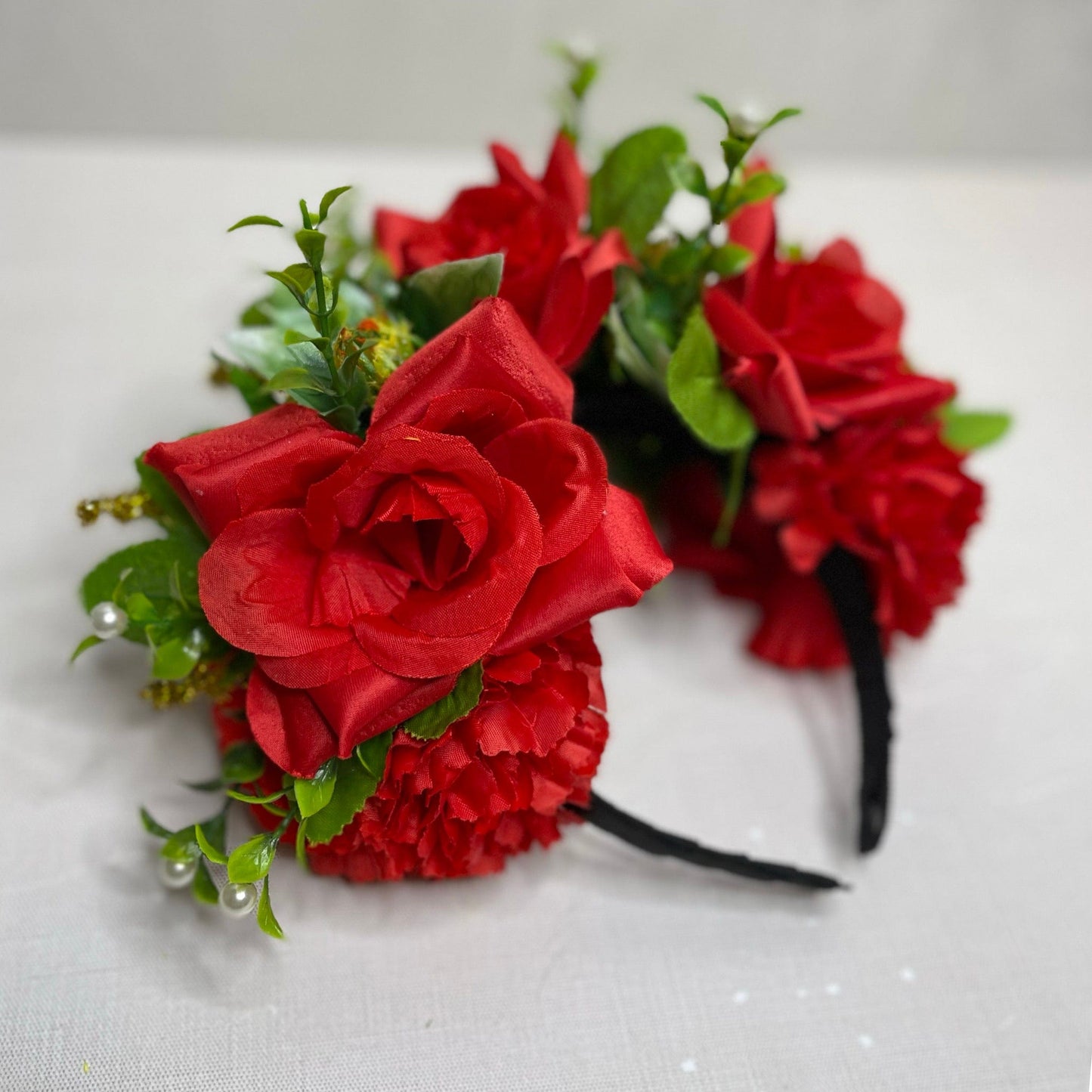 Frida Floral Headband - Red Roses w/Pearls