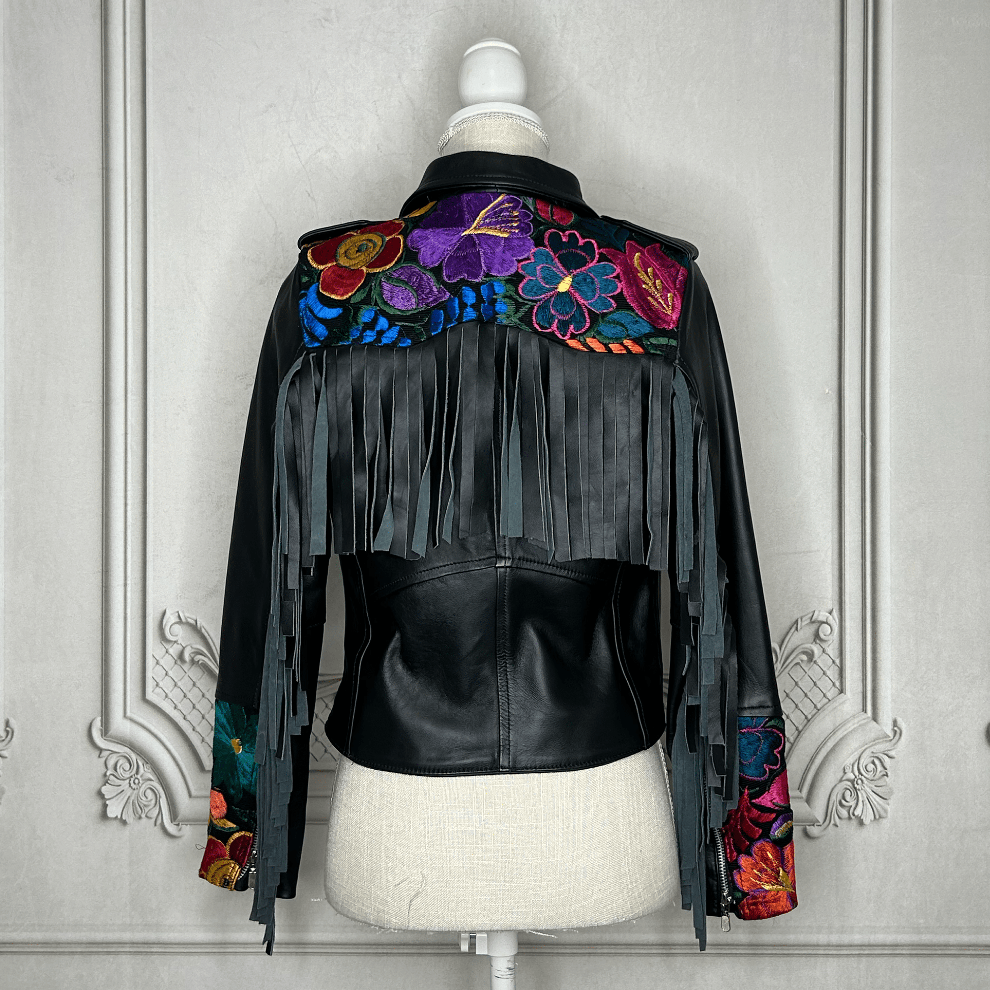 Fringed Leather Motorcycle Jacket - Zinia Embroidery