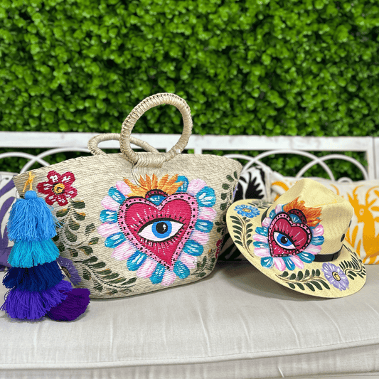 Hand Painted Eye Love Palm Tote and Hat Set