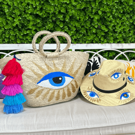 Hand Painted Eye Palm Tote and Hat Set