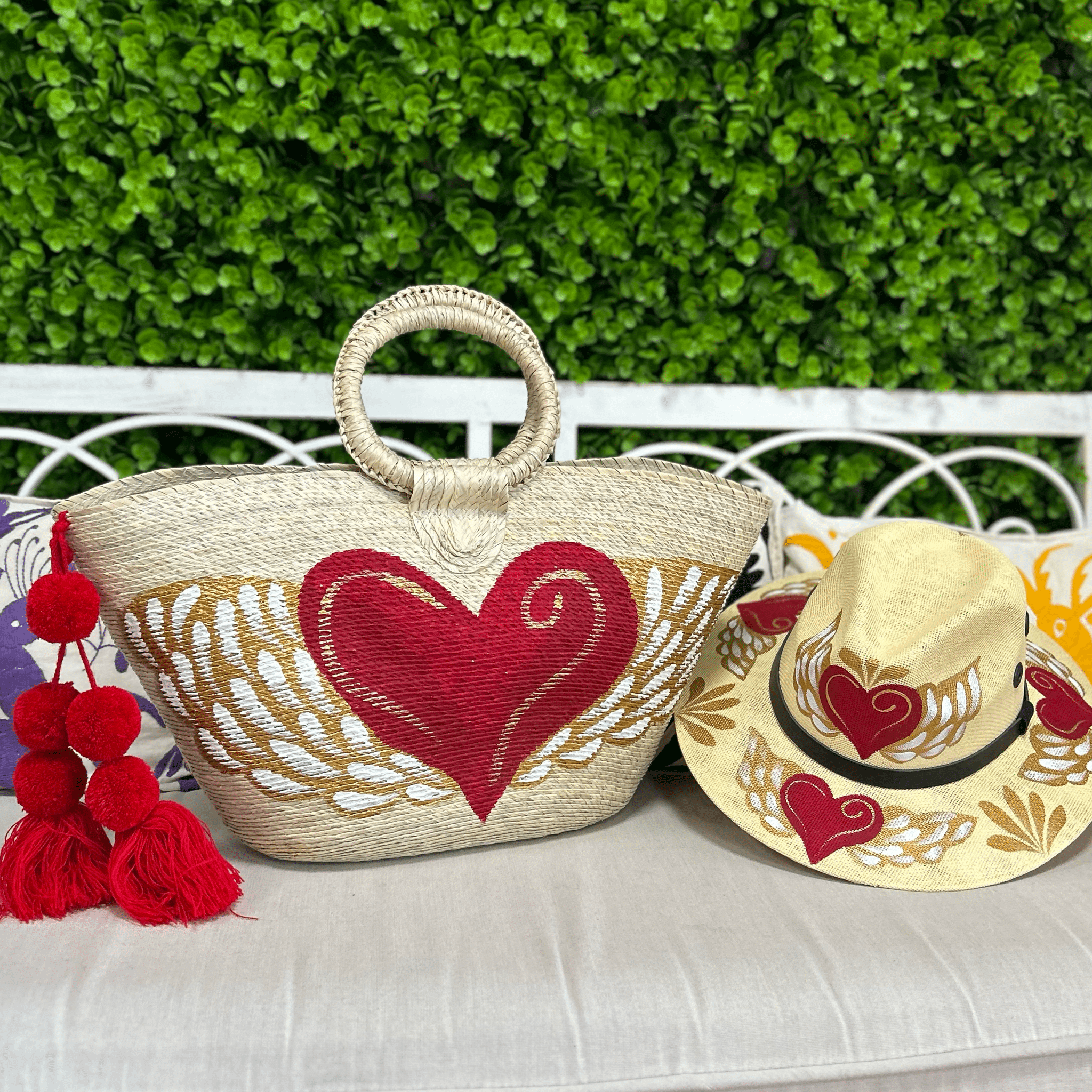 Hand Painted Flying Heart Tote and Hat Set