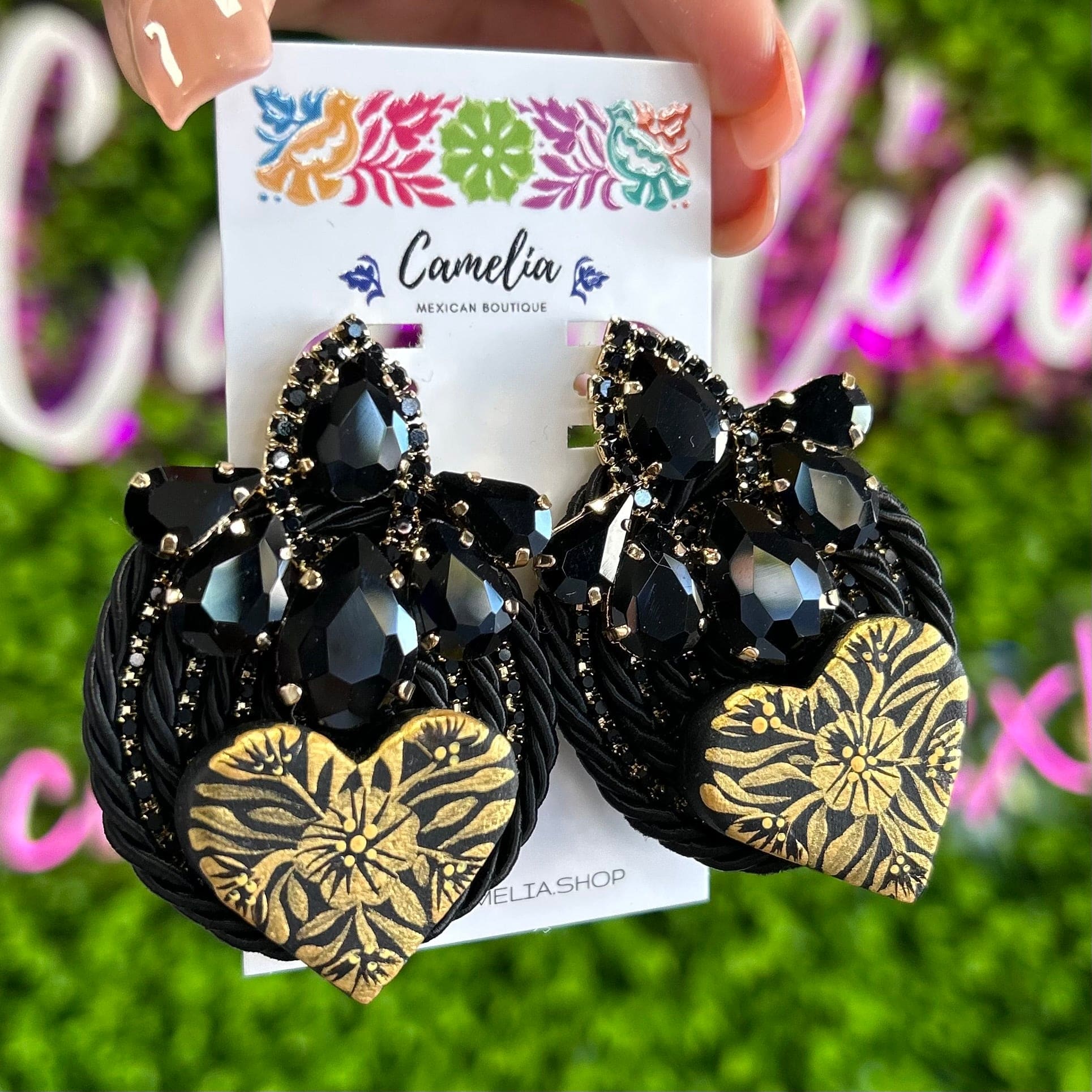 Hand Painted Heart and Jewel Statement Earrings Hand Painted Heart and Jewel Statement Earrings