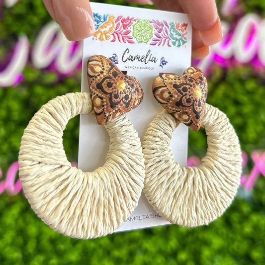 Hand Painted Heart Earrings with Raffia Design Hand Painted Heart Earrings with Raffia Design
