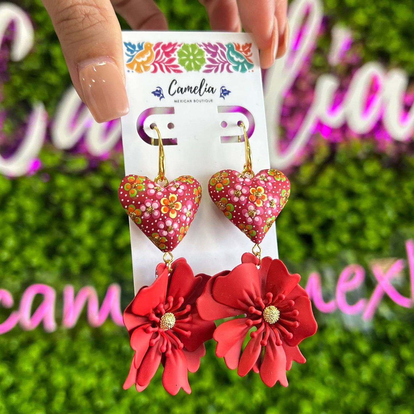 Hand Painted Heart Flower Drop Earrings Hand Painted Heart Flower Drop Earrings