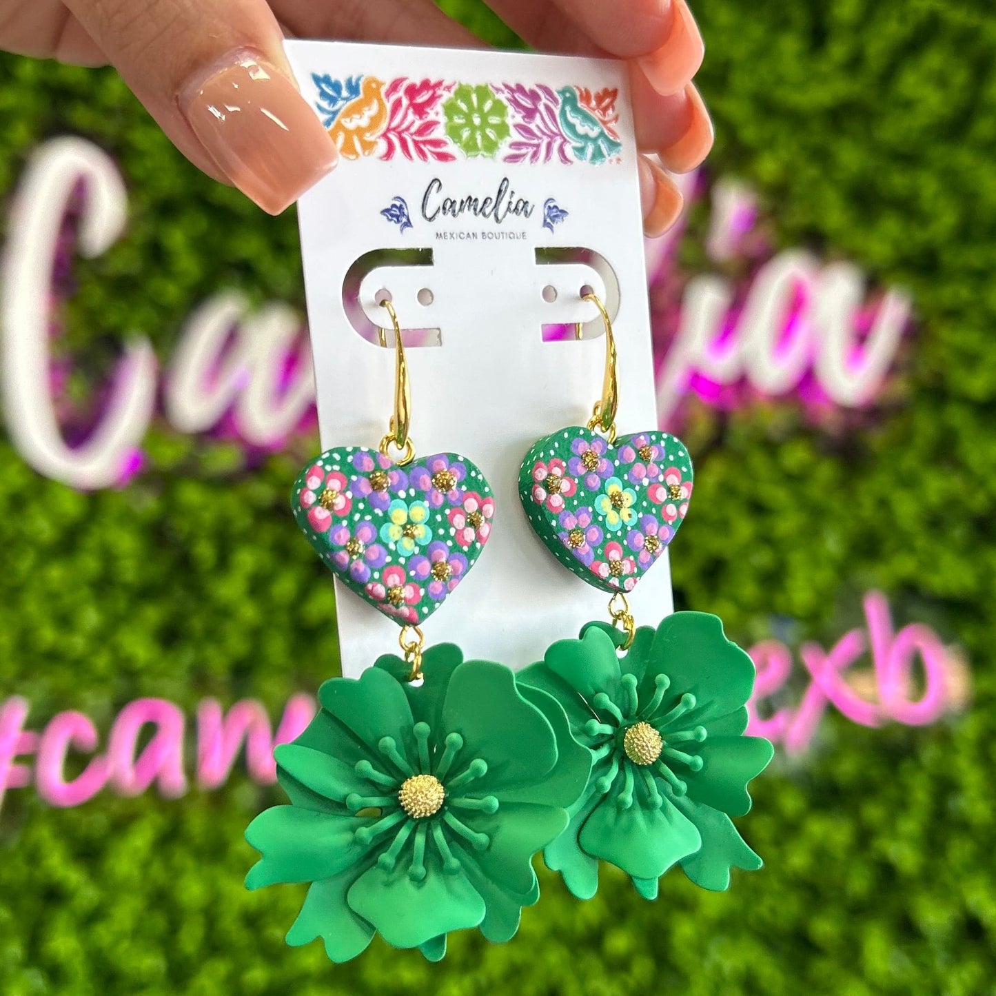 Hand Painted Heart Flower Drop Earrings Hand Painted Heart Flower Drop Earrings