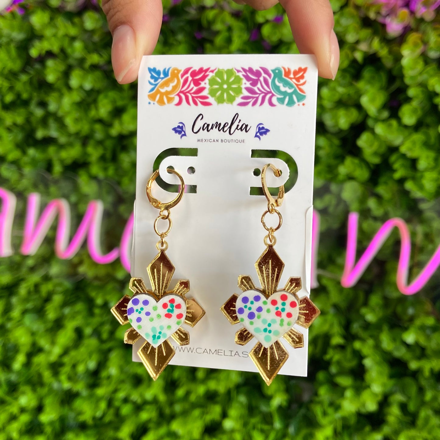 Hand Painted Sacred Heart - Milagritos Earrings Hand Painted Sacred Heart - Milagritos Earrings
