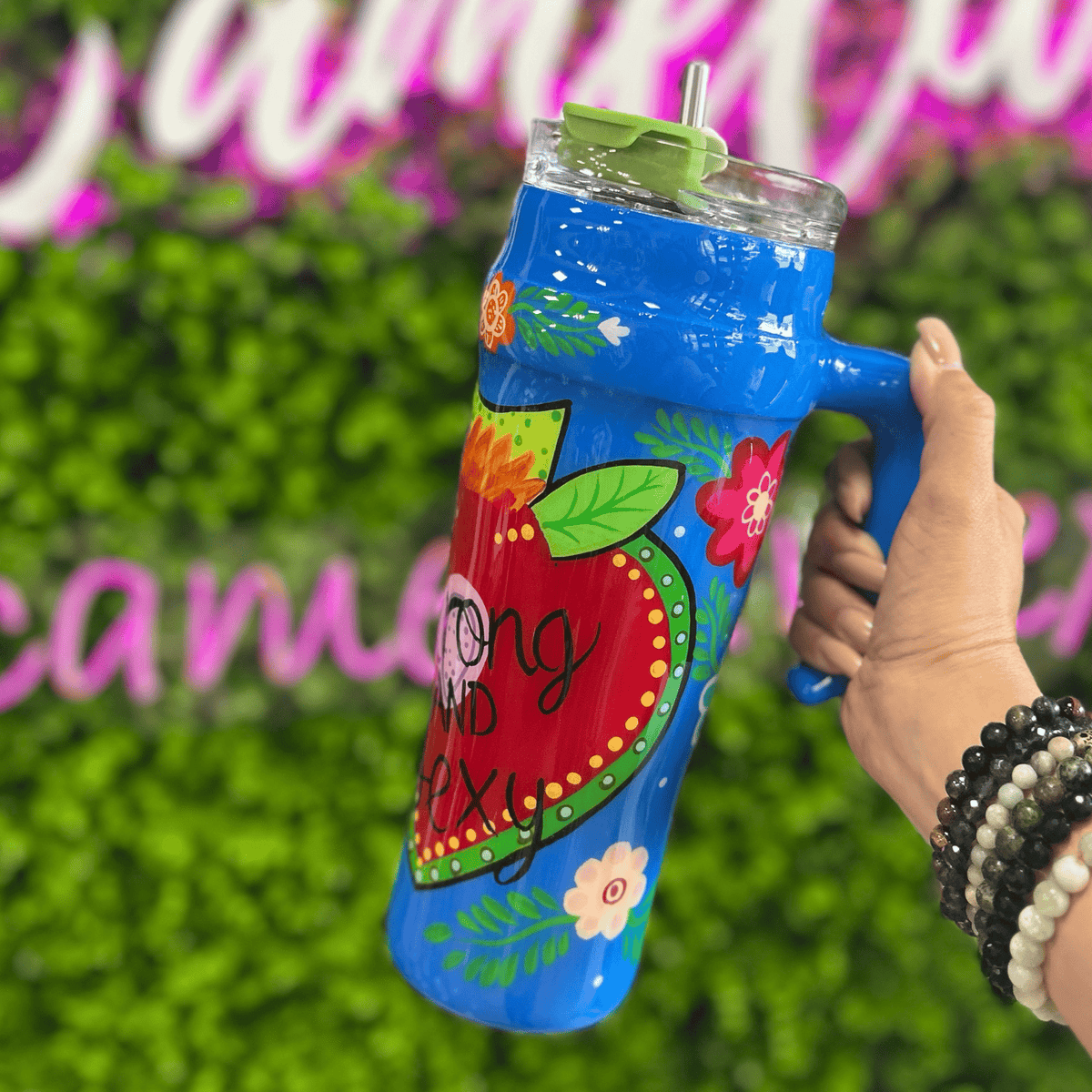 Hand Painted Stainless Steel 40oz Tumbler - Strong and Sexy Hand Painted Stainless Steel 40oz Tumbler - Strong and Sexy