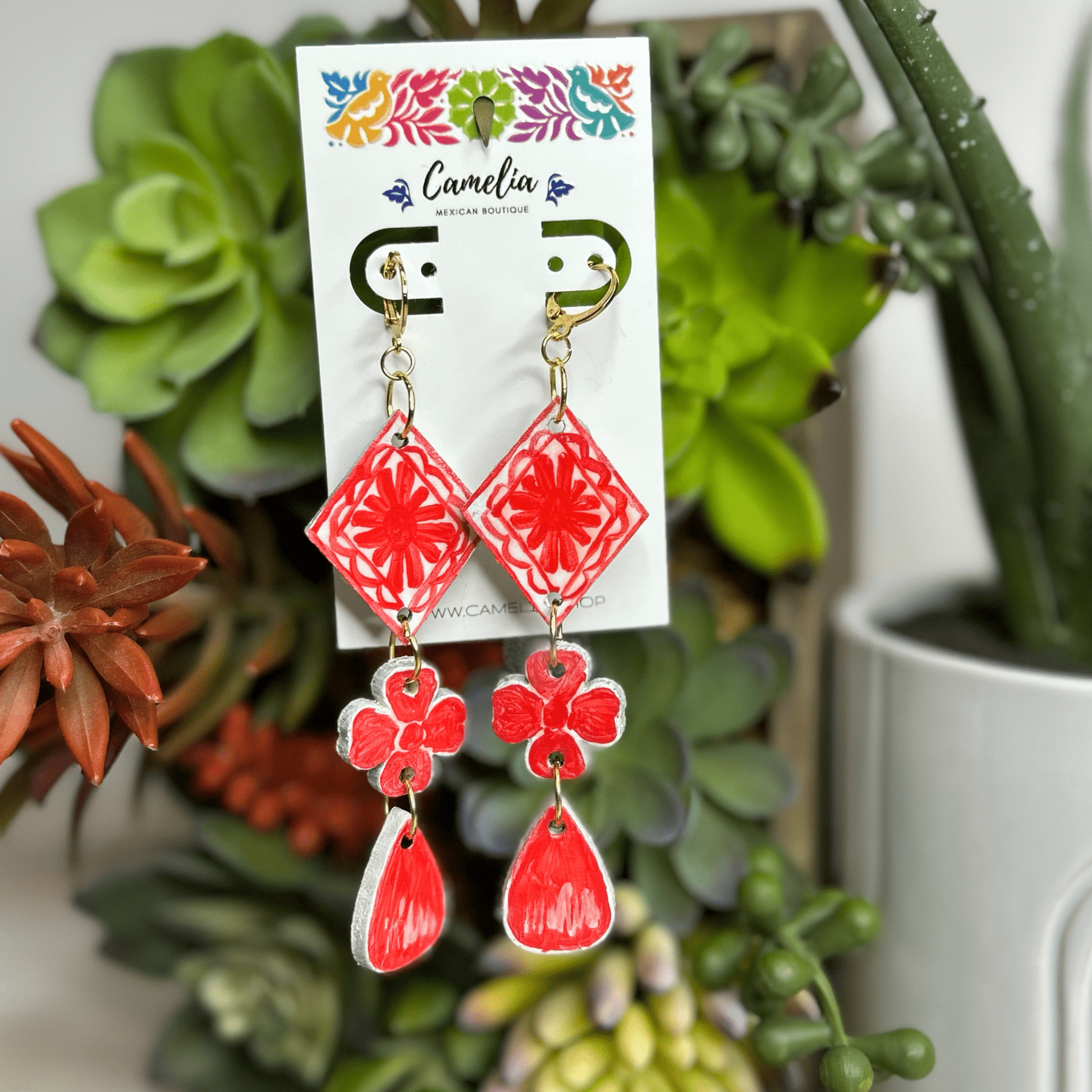 Hand Painted Talavera Design Earrings - Diamond