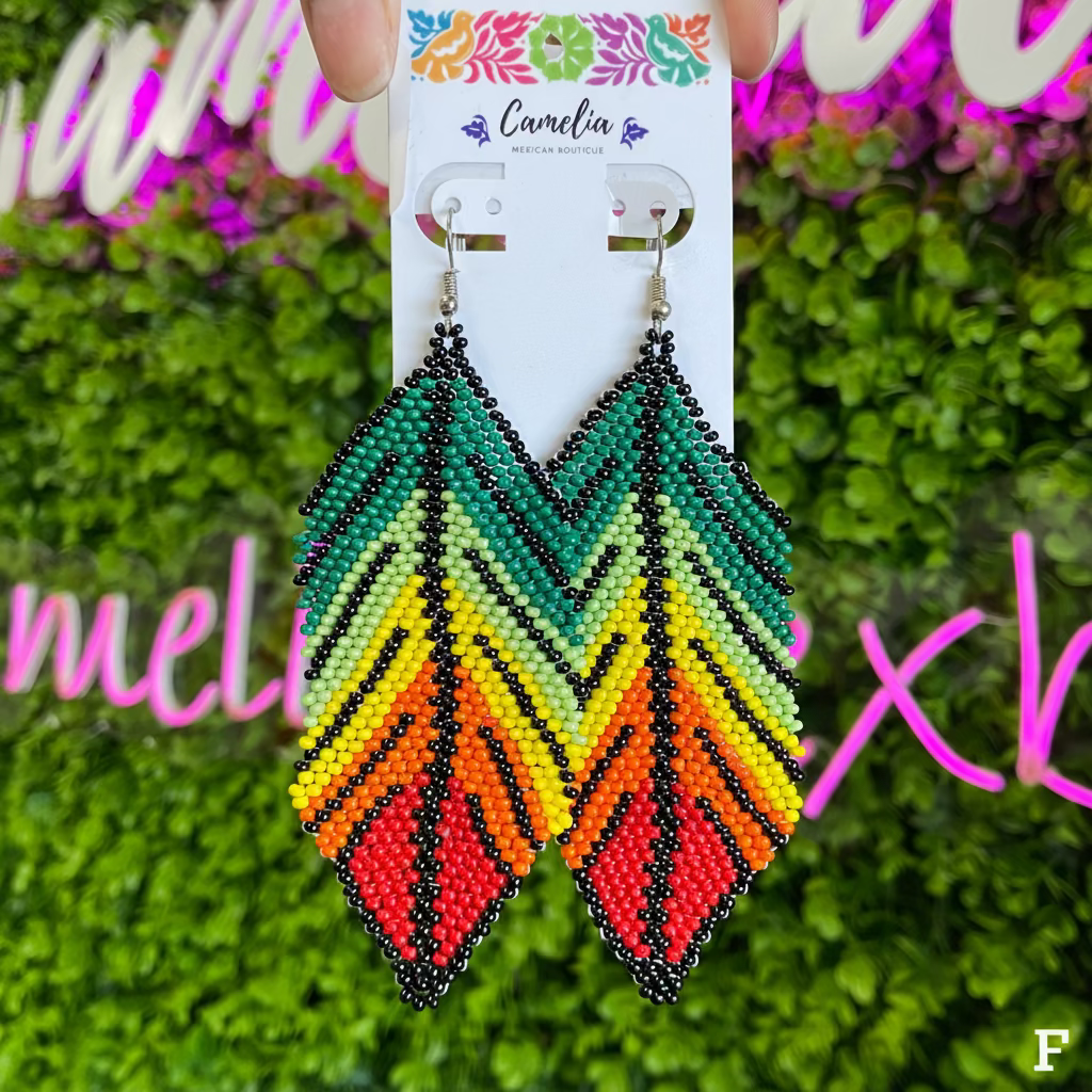 Huichol Native American Beaded  Earrings - Feathers Huichol Native American Beaded  Earrings - Feathers