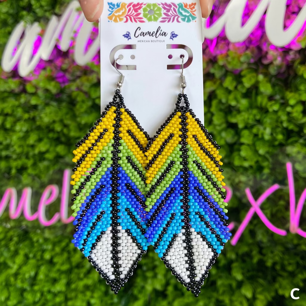 Huichol Native American Beaded  Earrings - Feathers Huichol Native American Beaded  Earrings - Feathers