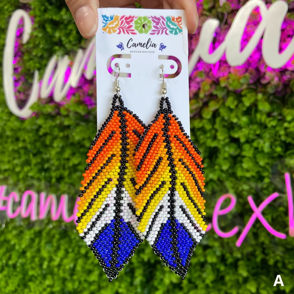 Huichol Native American Beaded  Earrings - Feathers Huichol Native American Beaded  Earrings - Feathers