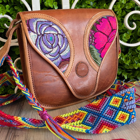 Mexican Leather Envelope Crossbody Bag - Embroidered