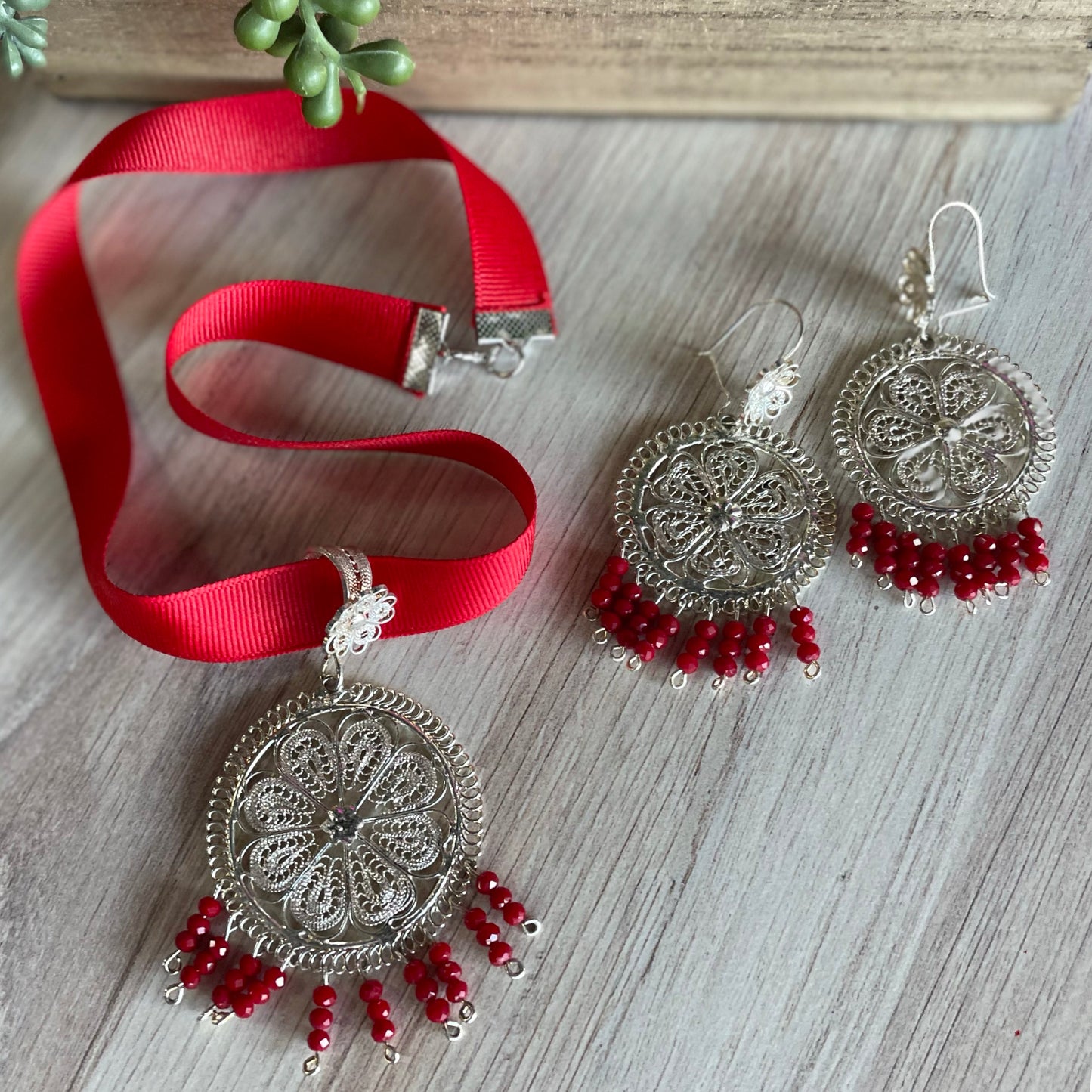Oaxacan Filigree Earring and Pendant Set  - Round Large Silver Red