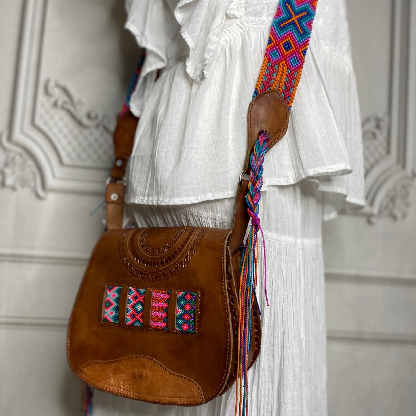 Mexican Leather Crossbody Saddle Bag - Hand Tooled