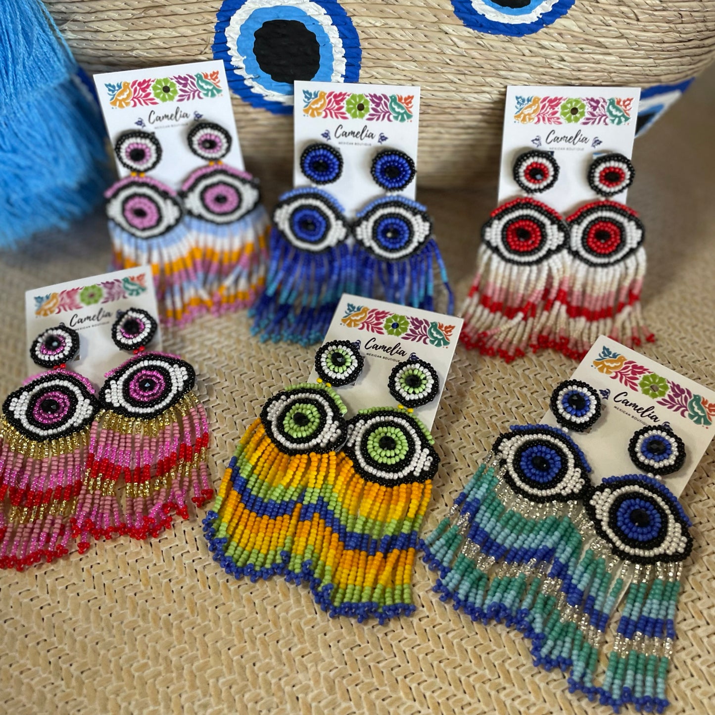 Evil Eye Huichol Tasseled Earrings