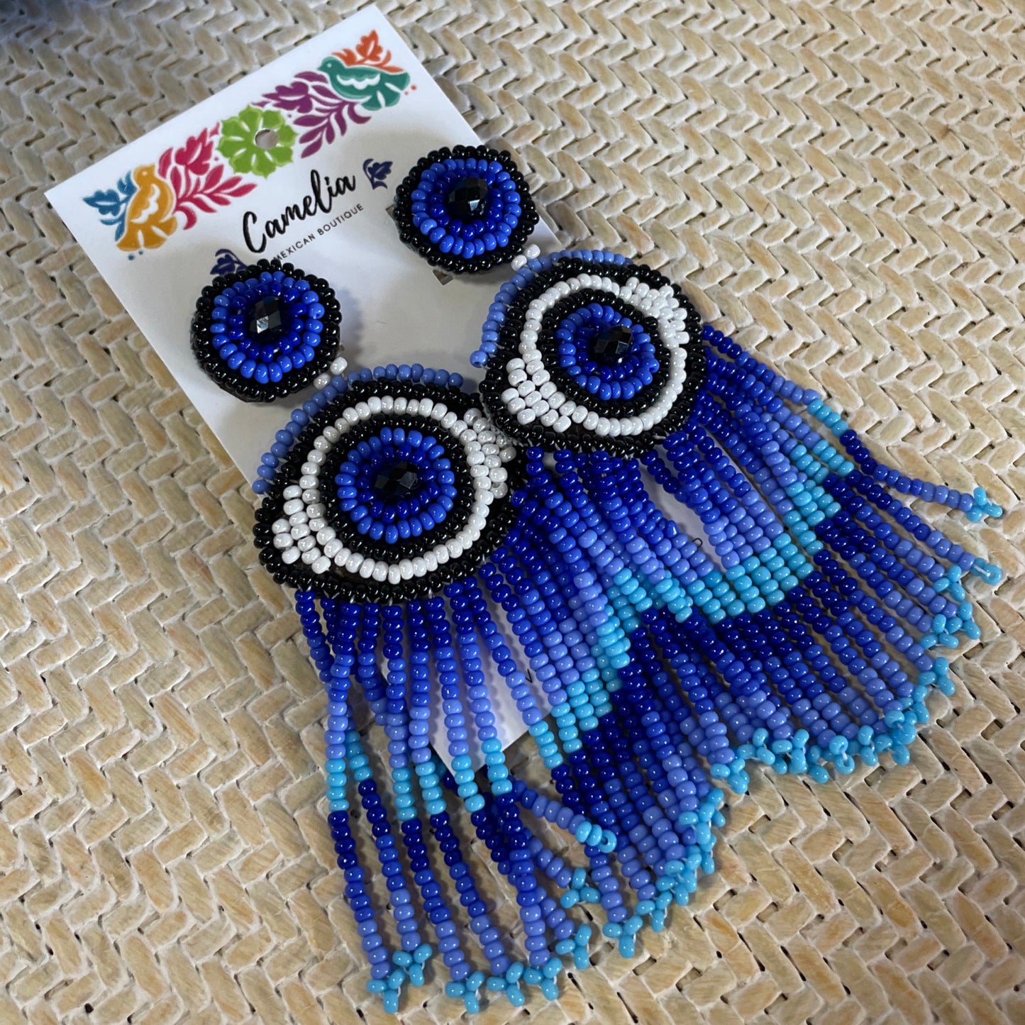 Evil Eye Huichol Tasseled Earrings