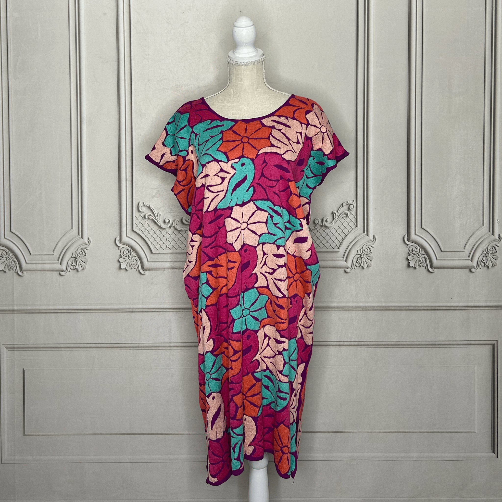 Jalapa Mexican Huipil Caftan Dress - Midi Length Pink Jalapa Mexican Huipil Caftan Dress - Midi Length Pink