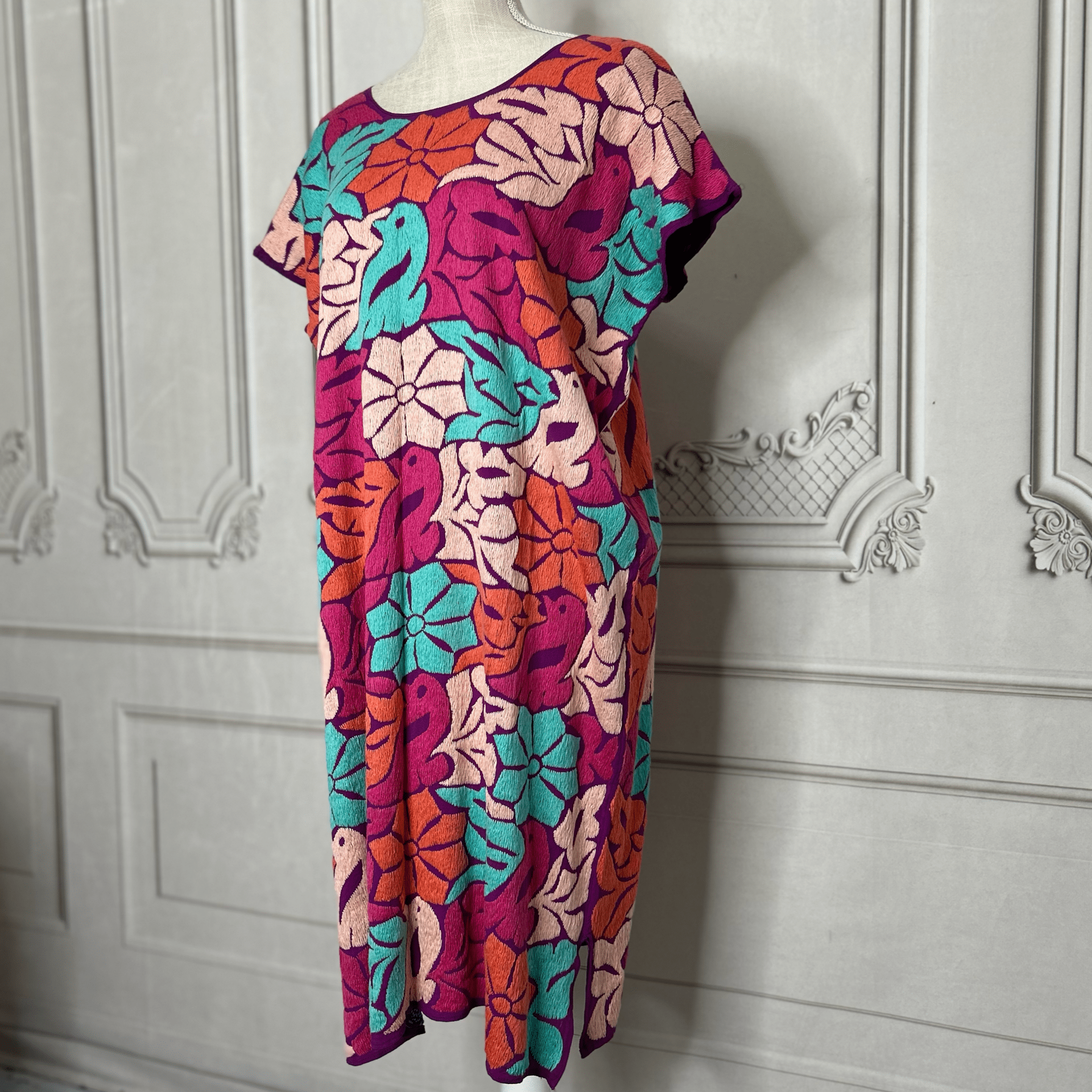 Jalapa Mexican Huipil Caftan Dress - Midi Length Pink Jalapa Mexican Huipil Caftan Dress - Midi Length Pink