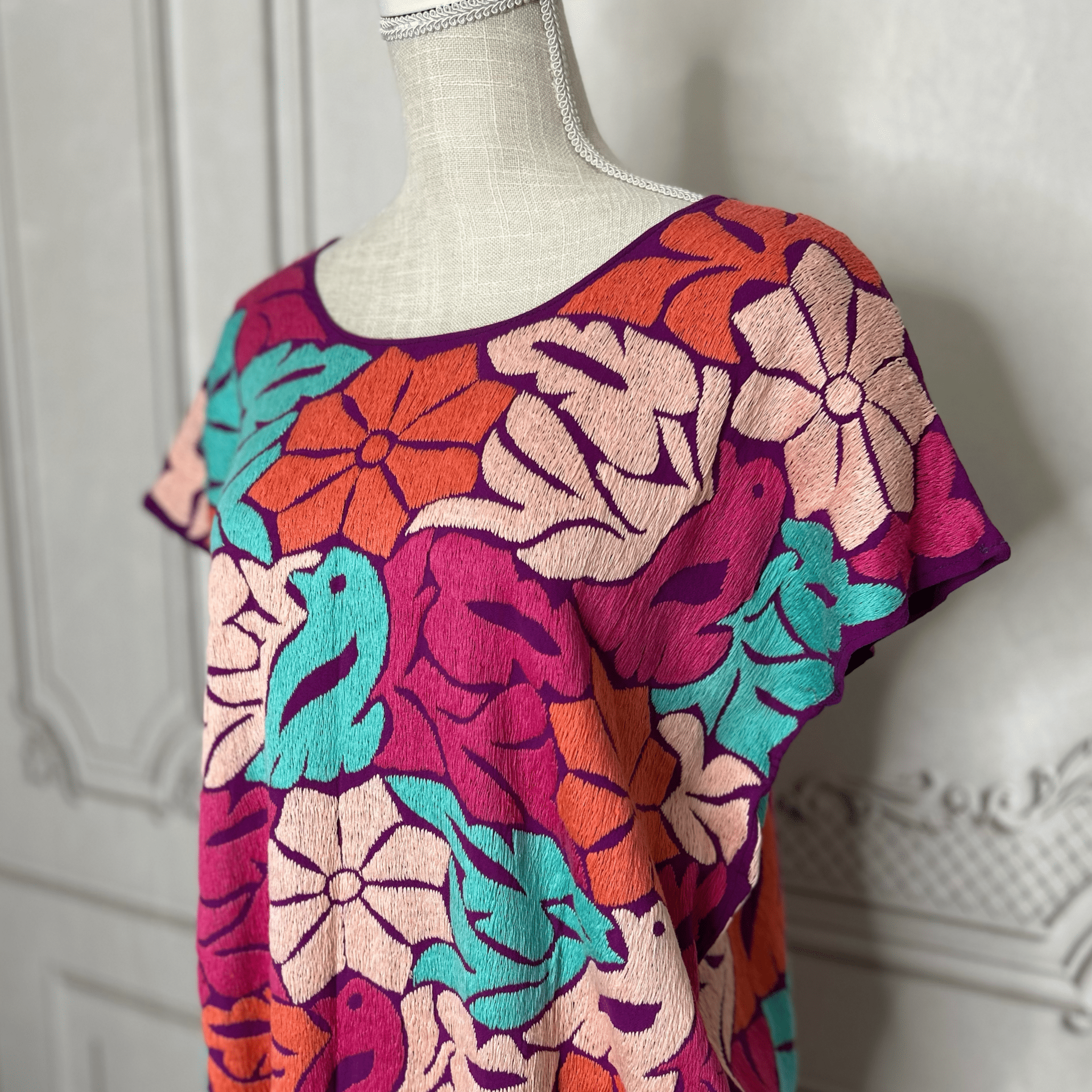 Jalapa Mexican Huipil Caftan Dress - Midi Length Pink Jalapa Mexican Huipil Caftan Dress - Midi Length Pink