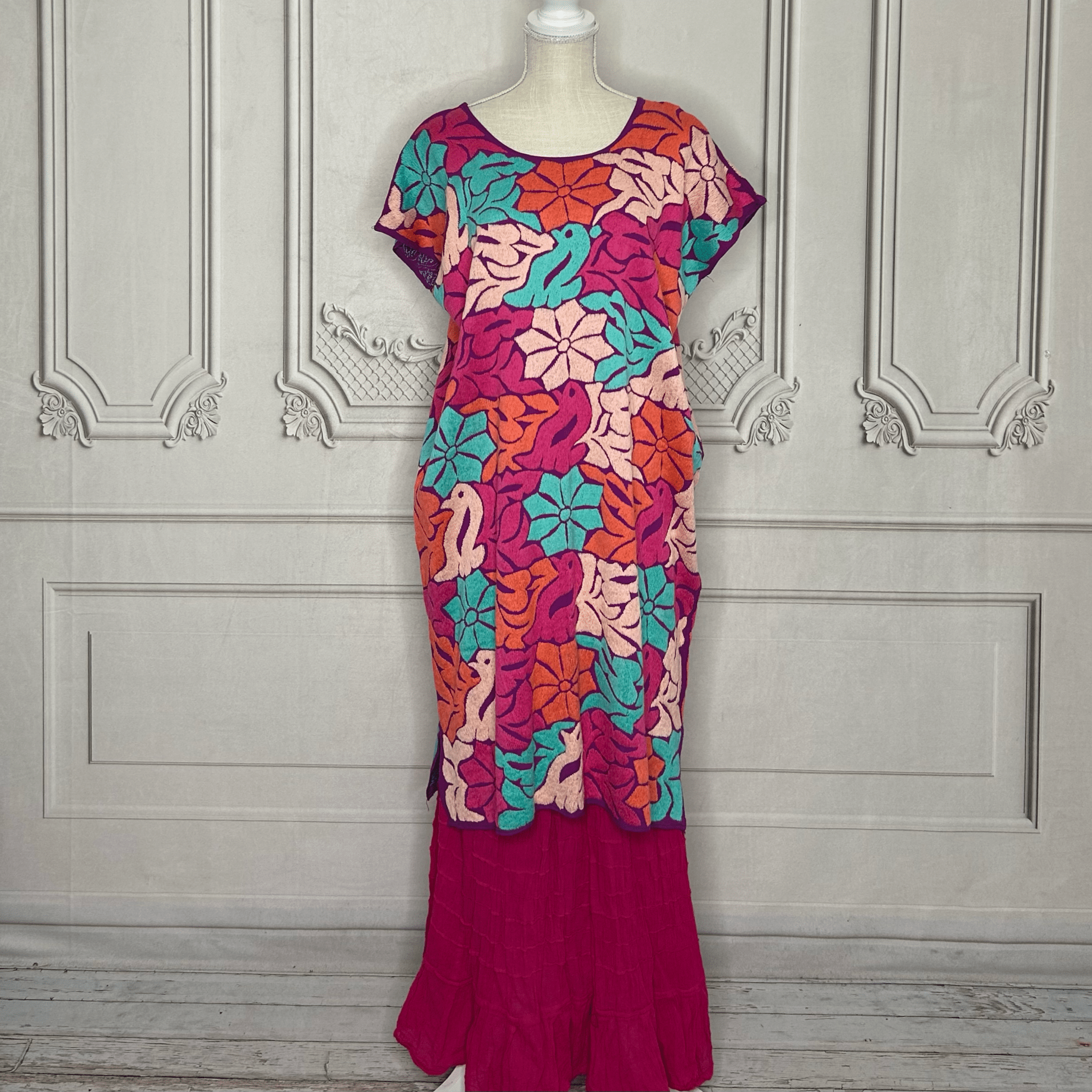 Jalapa Mexican Huipil Caftan Dress - Midi Length Pink Jalapa Mexican Huipil Caftan Dress - Midi Length Pink